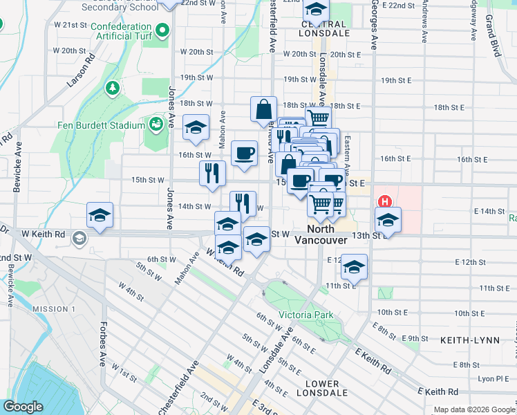 map of restaurants, bars, coffee shops, grocery stores, and more near 418 West 14th Street in North Vancouver