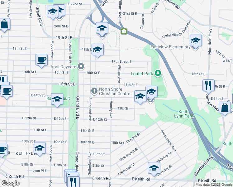 map of restaurants, bars, coffee shops, grocery stores, and more near 1425 William Avenue in North Vancouver