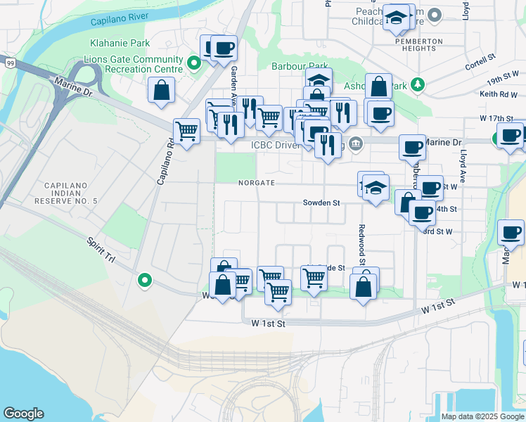 map of restaurants, bars, coffee shops, grocery stores, and more near 1386 Tatlow Avenue in North Vancouver