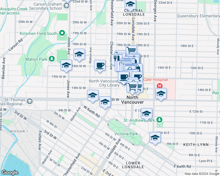 map of restaurants, bars, coffee shops, grocery stores, and more near 209 14th Street West in North Vancouver