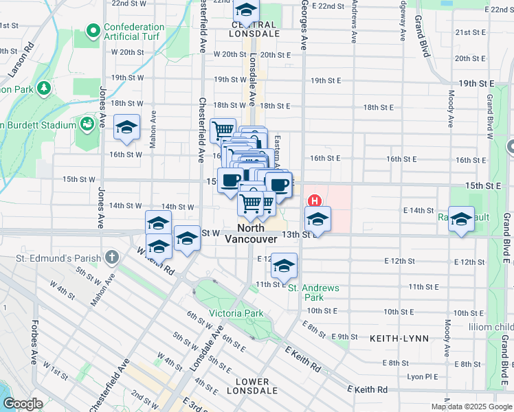 map of restaurants, bars, coffee shops, grocery stores, and more near in Vancouver