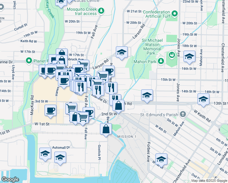 map of restaurants, bars, coffee shops, grocery stores, and more near 651 14th Street West in North Vancouver