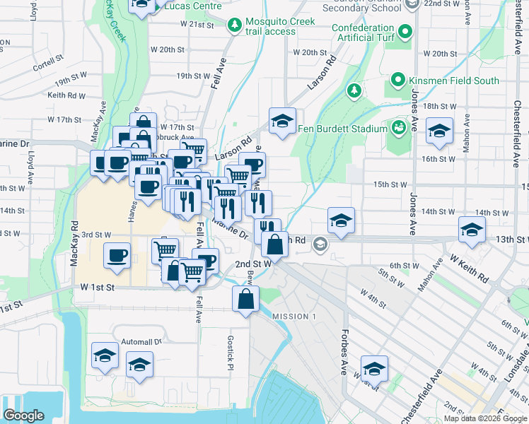 map of restaurants, bars, coffee shops, grocery stores, and more near 651 14th Street West in North Vancouver