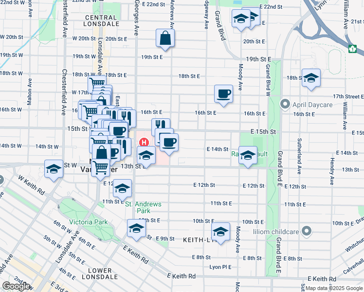 map of restaurants, bars, coffee shops, grocery stores, and more near 320 East 14 Street in North Vancouver