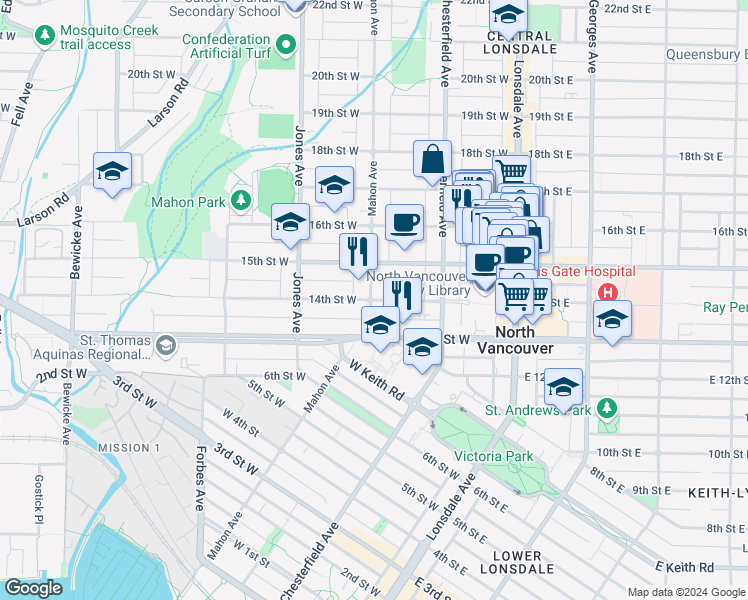 map of restaurants, bars, coffee shops, grocery stores, and more near 341 W 14 St in North Vancouver