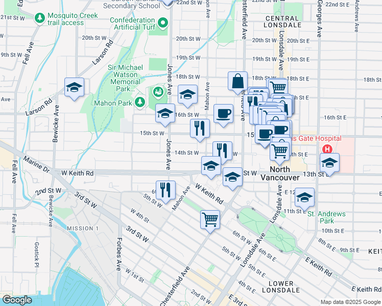 map of restaurants, bars, coffee shops, grocery stores, and more near 330 West 14th Avenue in Vancouver