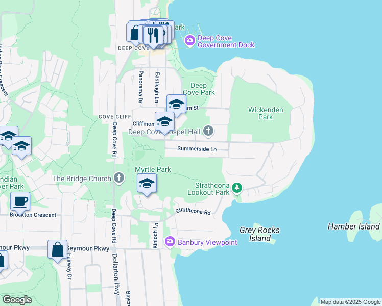 map of restaurants, bars, coffee shops, grocery stores, and more near 4469 Summerside Lane in North Vancouver