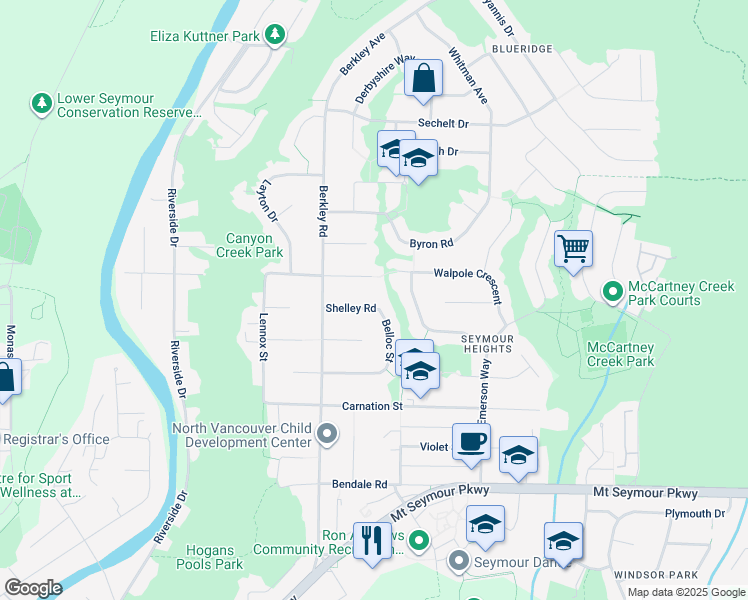 map of restaurants, bars, coffee shops, grocery stores, and more near in North Vancouver