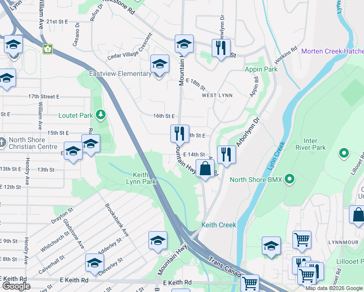 map of restaurants, bars, coffee shops, grocery stores, and more near 1440 Mountain Highway in North Vancouver