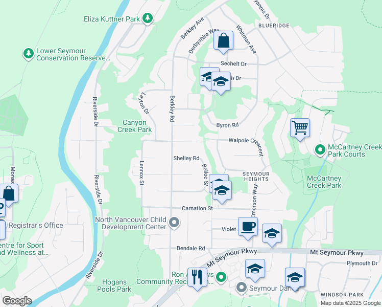 map of restaurants, bars, coffee shops, grocery stores, and more near 2556 Shelley Road in North Vancouver