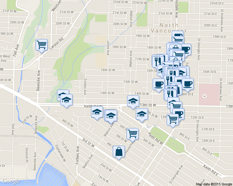 map of restaurants, bars, coffee shops, grocery stores, and more near 341 W 14 St in North Vancouver