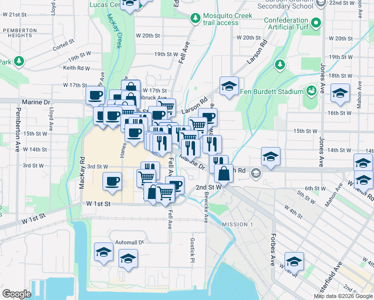 map of restaurants, bars, coffee shops, grocery stores, and more near 733 14th Street West in North Vancouver