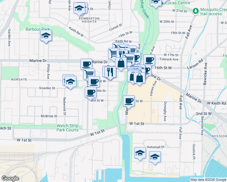 map of restaurants, bars, coffee shops, grocery stores, and more near 801 14th Street in North Vancouver