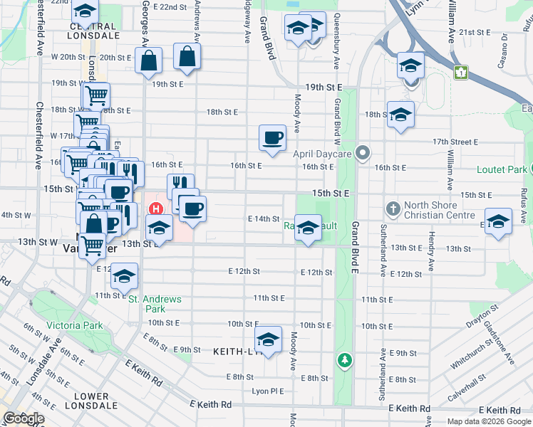 map of restaurants, bars, coffee shops, grocery stores, and more near 428 East 14th Street in North Vancouver