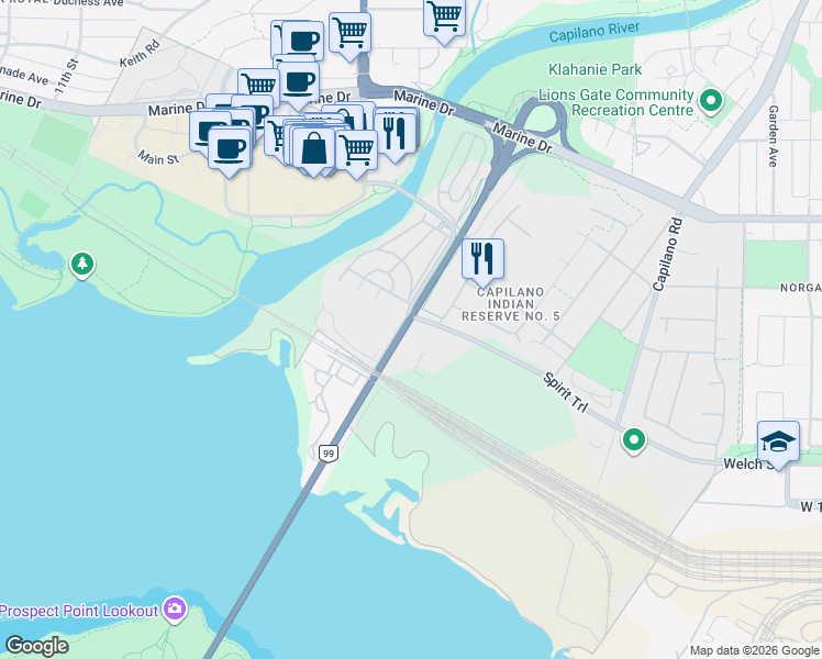 map of restaurants, bars, coffee shops, grocery stores, and more near 204 Lions Gate Bridge Road in West Vancouver