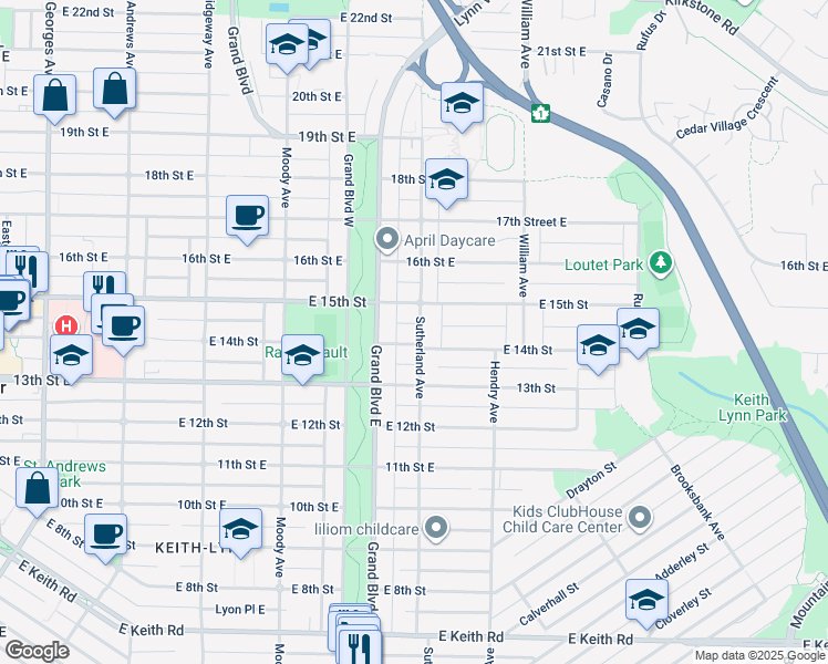 map of restaurants, bars, coffee shops, grocery stores, and more near 1425 Sutherland Avenue in North Vancouver