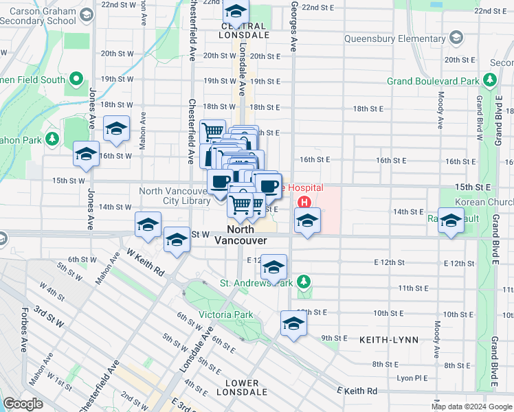 map of restaurants, bars, coffee shops, grocery stores, and more near 120 14th Street East in North Vancouver