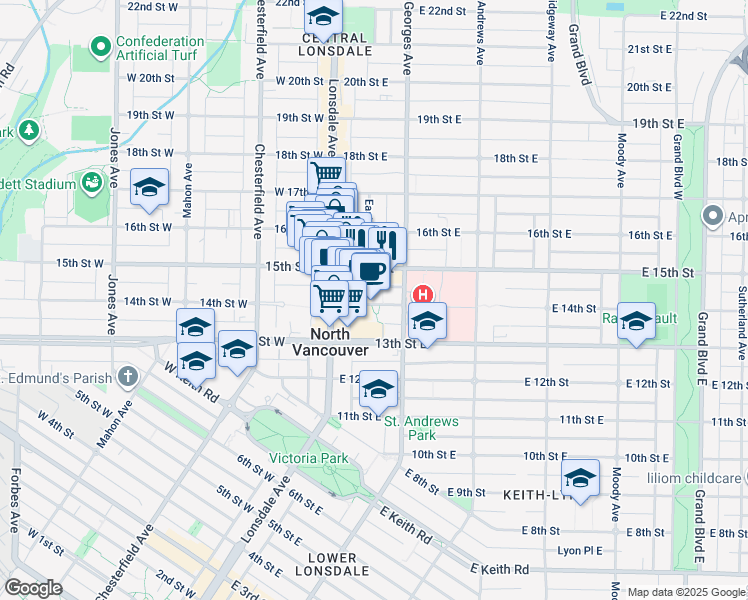 map of restaurants, bars, coffee shops, grocery stores, and more near 140 14th Street East in North Vancouver