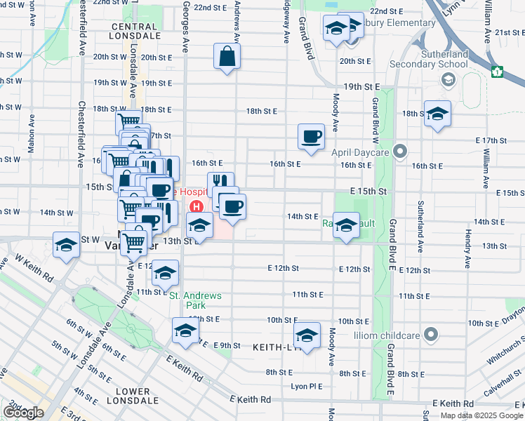 map of restaurants, bars, coffee shops, grocery stores, and more near 338 14th Street East in North Vancouver