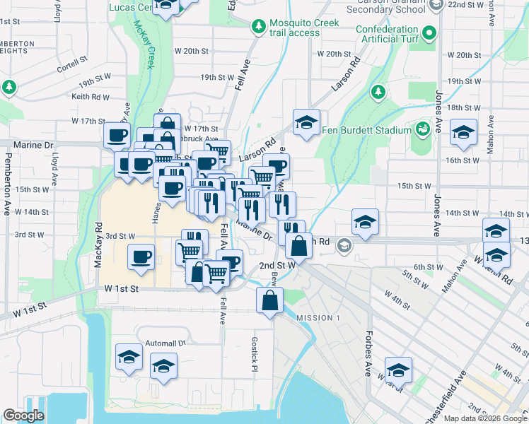 map of restaurants, bars, coffee shops, grocery stores, and more near 711 14th Street West in North Vancouver