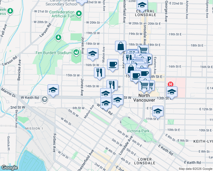 map of restaurants, bars, coffee shops, grocery stores, and more near 258 West 14th Avenue in Vancouver