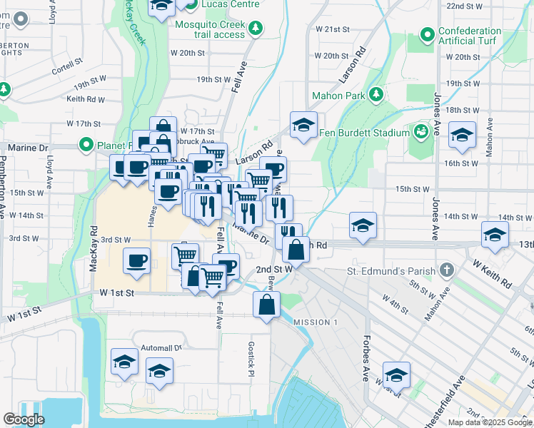 map of restaurants, bars, coffee shops, grocery stores, and more near in North Vancouver