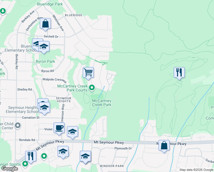 map of restaurants, bars, coffee shops, grocery stores, and more near 1550 Larkhall Crescent in North Vancouver