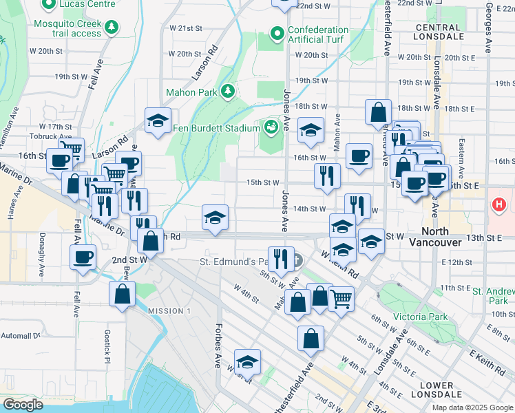 map of restaurants, bars, coffee shops, grocery stores, and more near in North Vancouver
