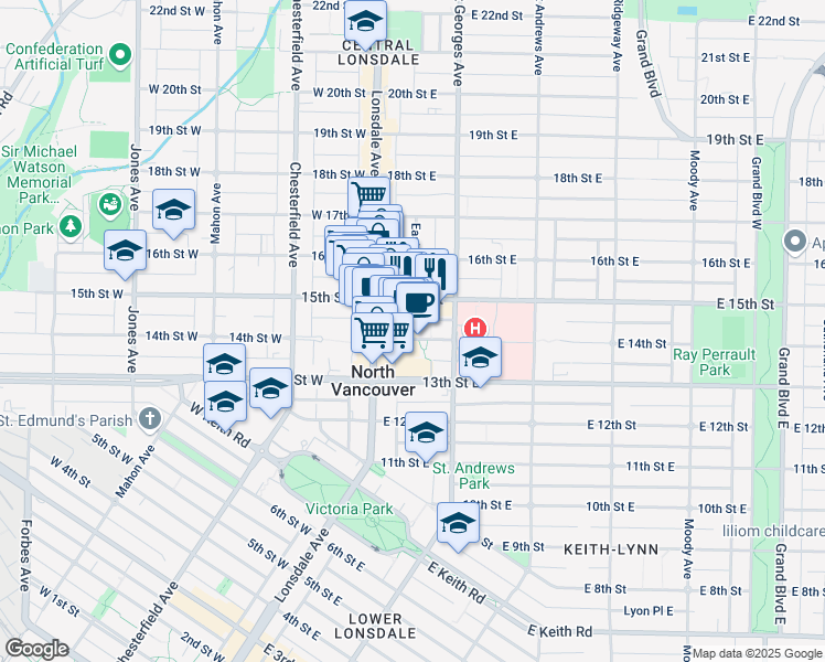 map of restaurants, bars, coffee shops, grocery stores, and more near 126 East 14th Street in North Vancouver