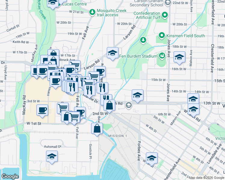 map of restaurants, bars, coffee shops, grocery stores, and more near 311 14th Street West in North Vancouver
