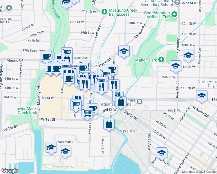 map of restaurants, bars, coffee shops, grocery stores, and more near 62 West 14th Street in North Vancouver