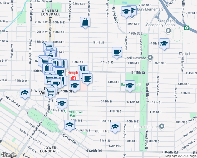 map of restaurants, bars, coffee shops, grocery stores, and more near 338 14th Street East in North Vancouver