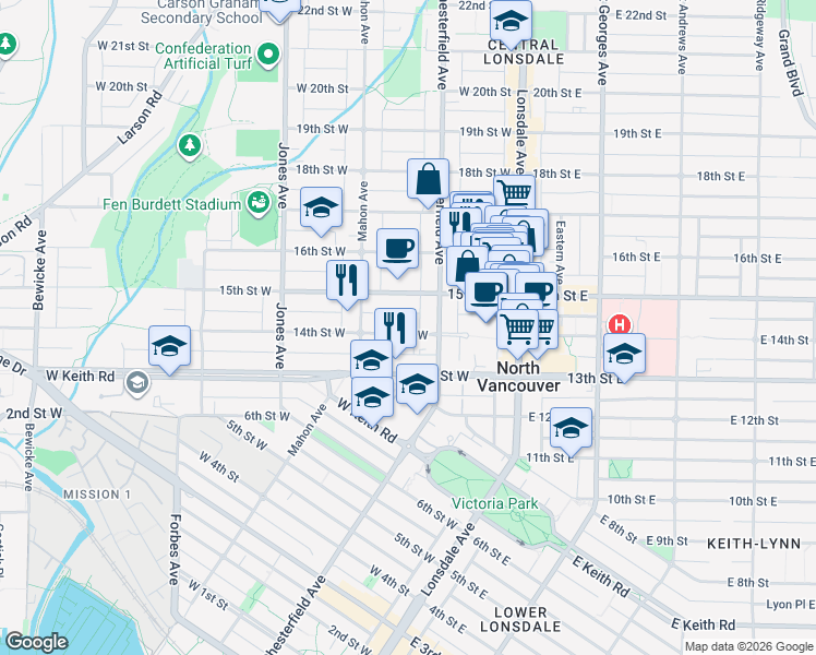 map of restaurants, bars, coffee shops, grocery stores, and more near 230 West 14th Street in North Vancouver