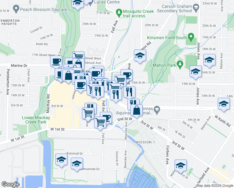 map of restaurants, bars, coffee shops, grocery stores, and more near 728 14th Street West in North Vancouver