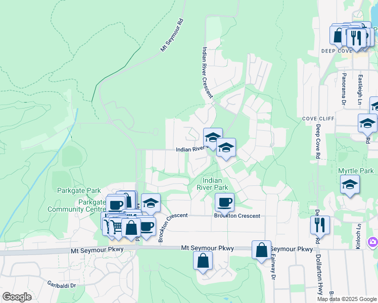 map of restaurants, bars, coffee shops, grocery stores, and more near 3920 Indian River Drive in North Vancouver