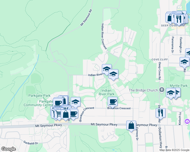 map of restaurants, bars, coffee shops, grocery stores, and more near 3960 Indian River Drive in North Vancouver
