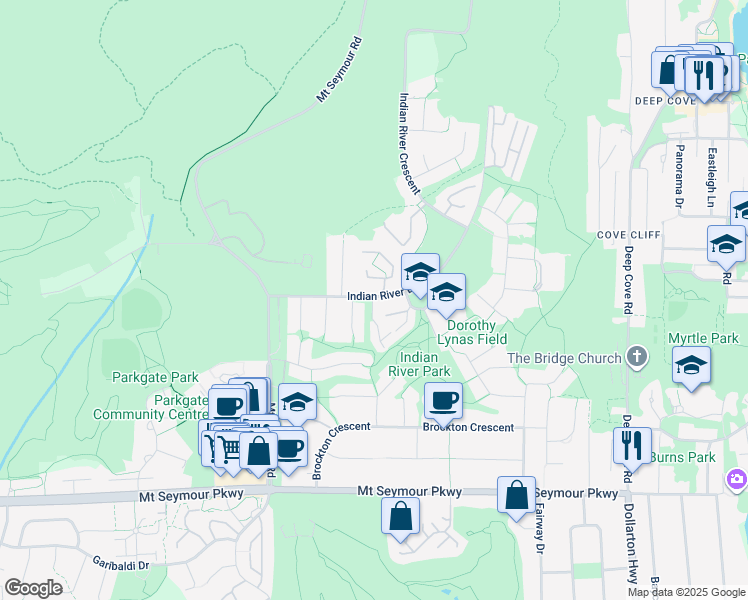 map of restaurants, bars, coffee shops, grocery stores, and more near 3952 Indian River Drive in North Vancouver