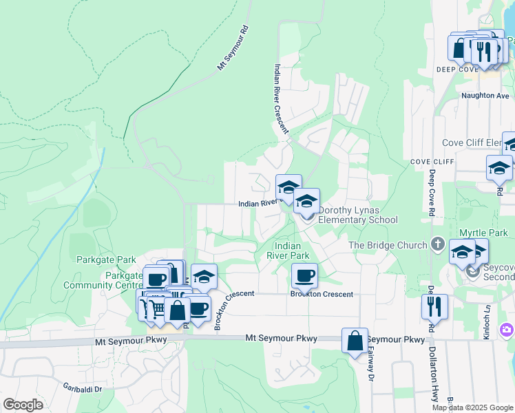 map of restaurants, bars, coffee shops, grocery stores, and more near 3912 Indian River Drive in North Vancouver