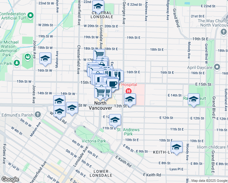 map of restaurants, bars, coffee shops, grocery stores, and more near 126 East 14th Street in North Vancouver