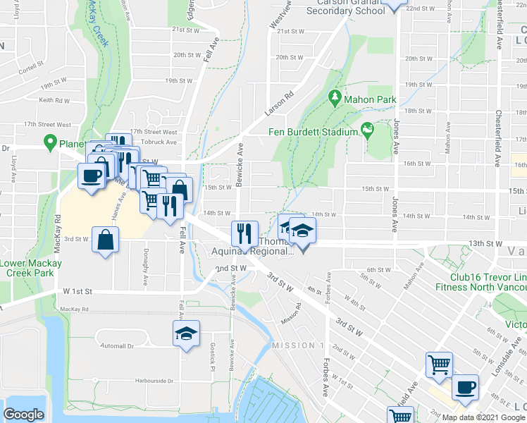 map of restaurants, bars, coffee shops, grocery stores, and more near 346 West 14th Street in North Vancouver