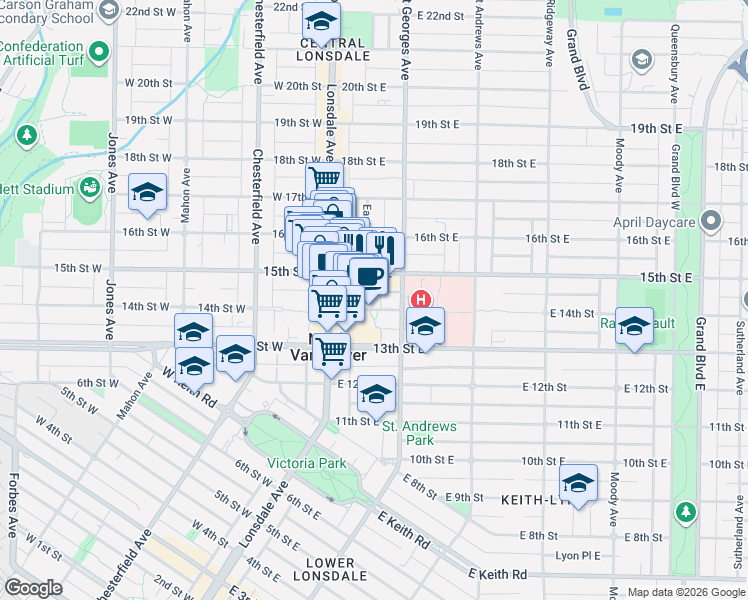 map of restaurants, bars, coffee shops, grocery stores, and more near 140 14th Street in North Vancouver