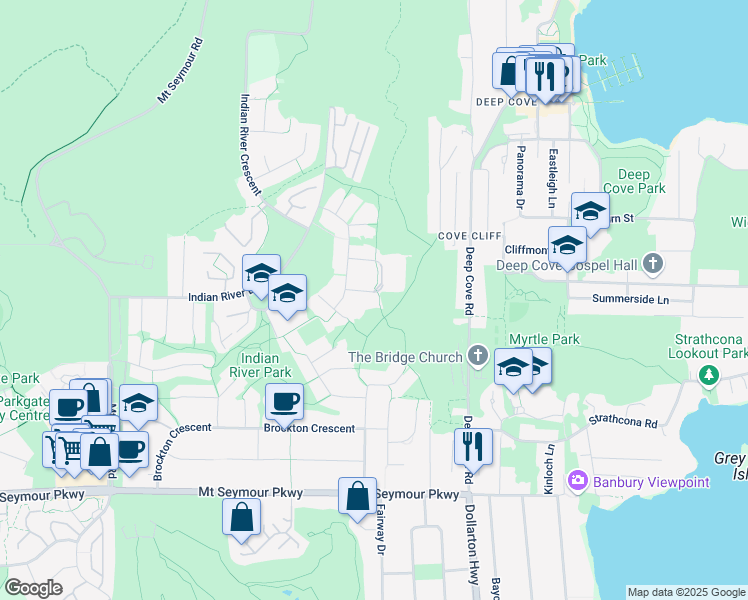 map of restaurants, bars, coffee shops, grocery stores, and more near 1501 Ostler Court in North Vancouver