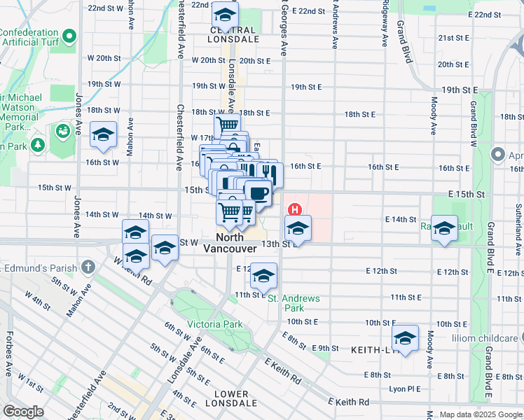 map of restaurants, bars, coffee shops, grocery stores, and more near 126 East 14th Street in North Vancouver