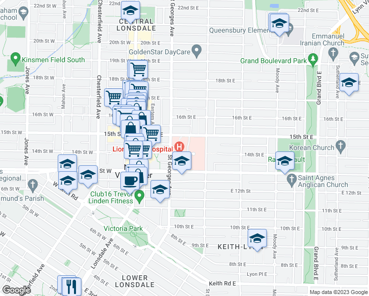map of restaurants, bars, coffee shops, grocery stores, and more near 231 E East 15 Street in North Vancouver