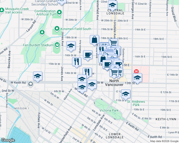 map of restaurants, bars, coffee shops, grocery stores, and more near 230 14th Street West in North Vancouver
