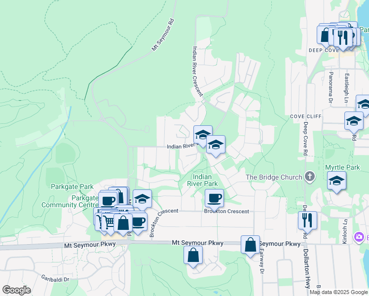 map of restaurants, bars, coffee shops, grocery stores, and more near 3920 Indian River Drive in North Vancouver