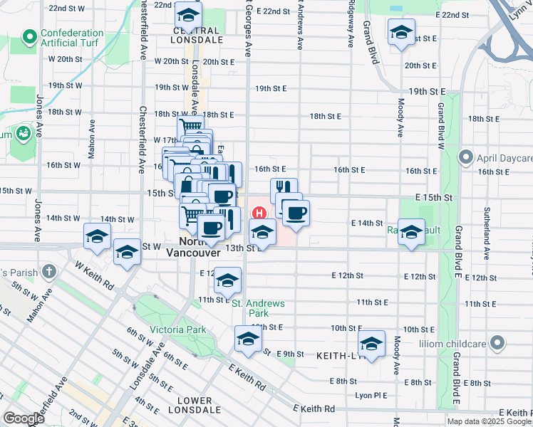 map of restaurants, bars, coffee shops, grocery stores, and more near 231 E East 15 Street in North Vancouver