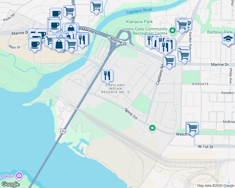 map of restaurants, bars, coffee shops, grocery stores, and more near 318 Skawshen Road in West Vancouver