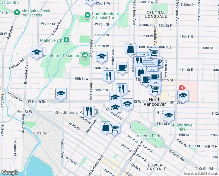 map of restaurants, bars, coffee shops, grocery stores, and more near 1405 Mahon Avenue in North Vancouver