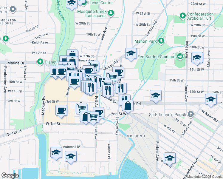 map of restaurants, bars, coffee shops, grocery stores, and more near 728 14th Street West in North Vancouver